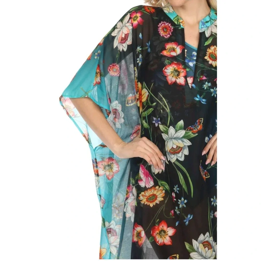 Johnny Was Ombre Garden Swim Cover Up Black NWT Beach Kaftan Boho Chic Floral